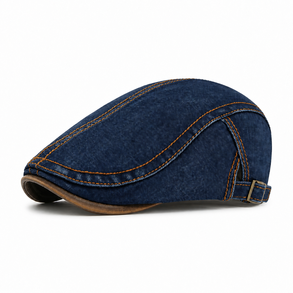 Washed Denim Flat Cap – Dark Blue