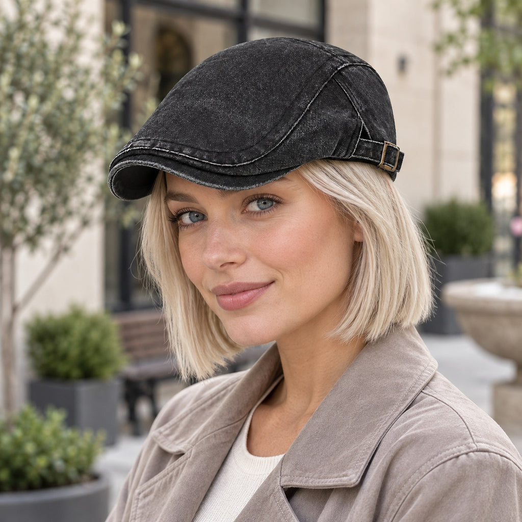 Washed Cotton Flat Cap – Black