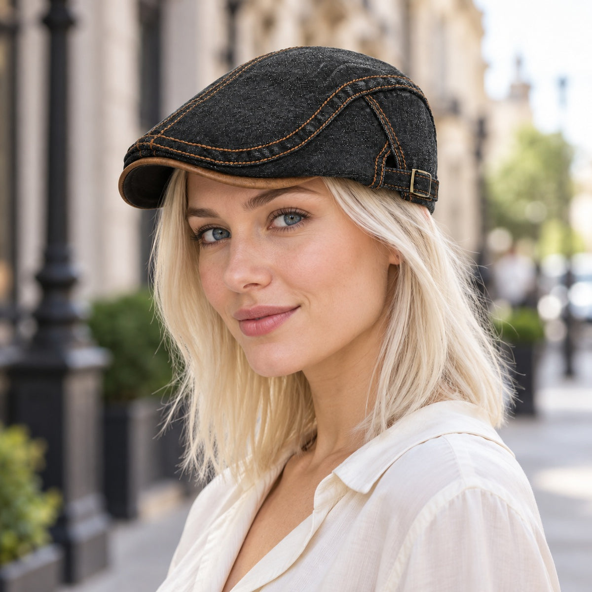 Washed Denim Flat Cap – Black