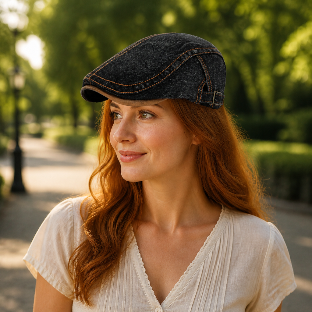 Denim Cotton Washed Flat Cap Black