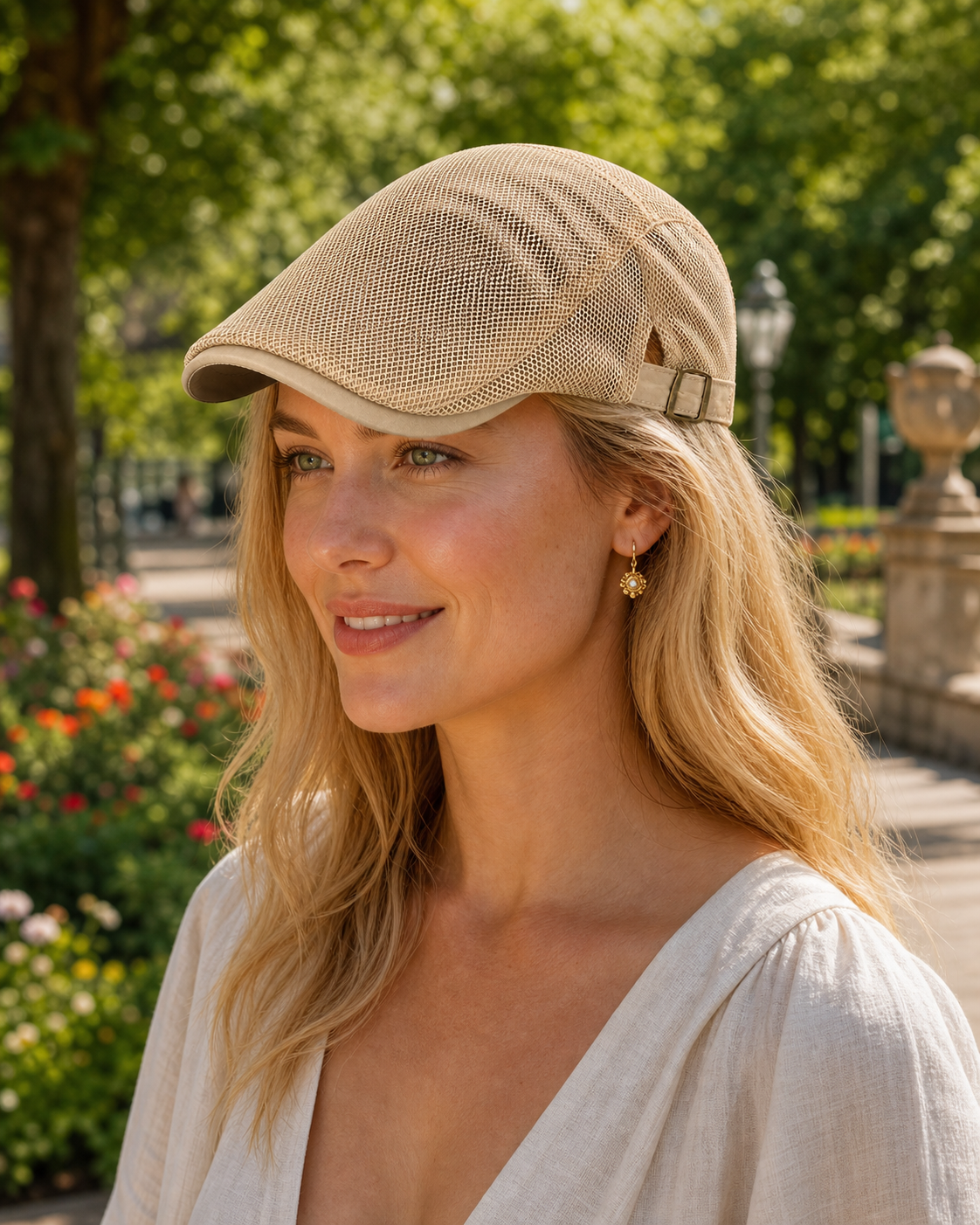 Full Mesh Breathable Flat Cap Beige