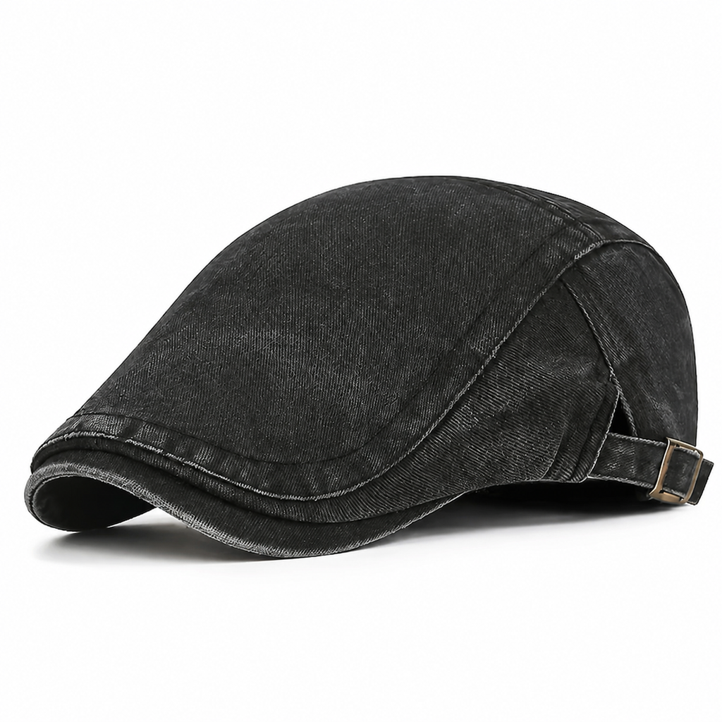 Washed Cotton Flat Cap Black