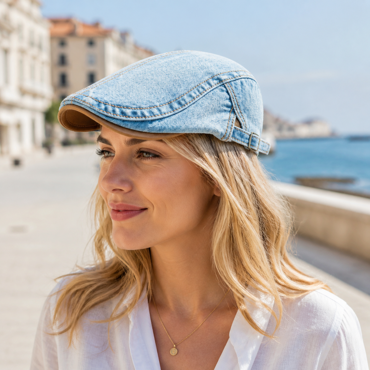 Denim Cotton Washed Flat Cap Light Blue